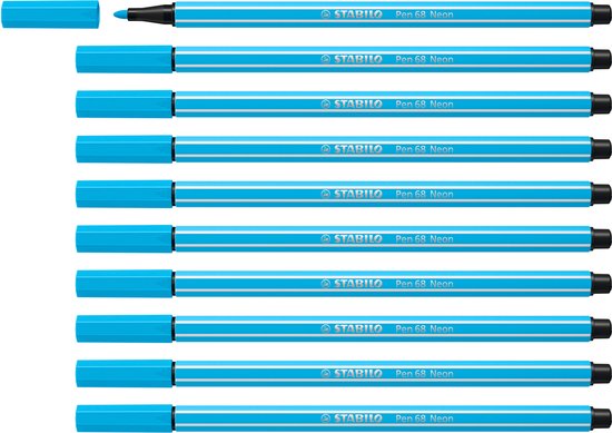 Doos met 10 STABILO Pen 68 pennen in neon blauw met witte strepen.