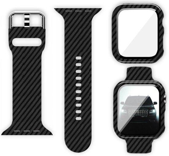 Strap-it Bandje + Case - Geschikt voor Apple Watch case - Series 1/2/3/4/5/6/7/8/SE/Ultra - Carbon - Bandje en bescherming hoesje - iWatch bandje en cover voor maat: 42 mm