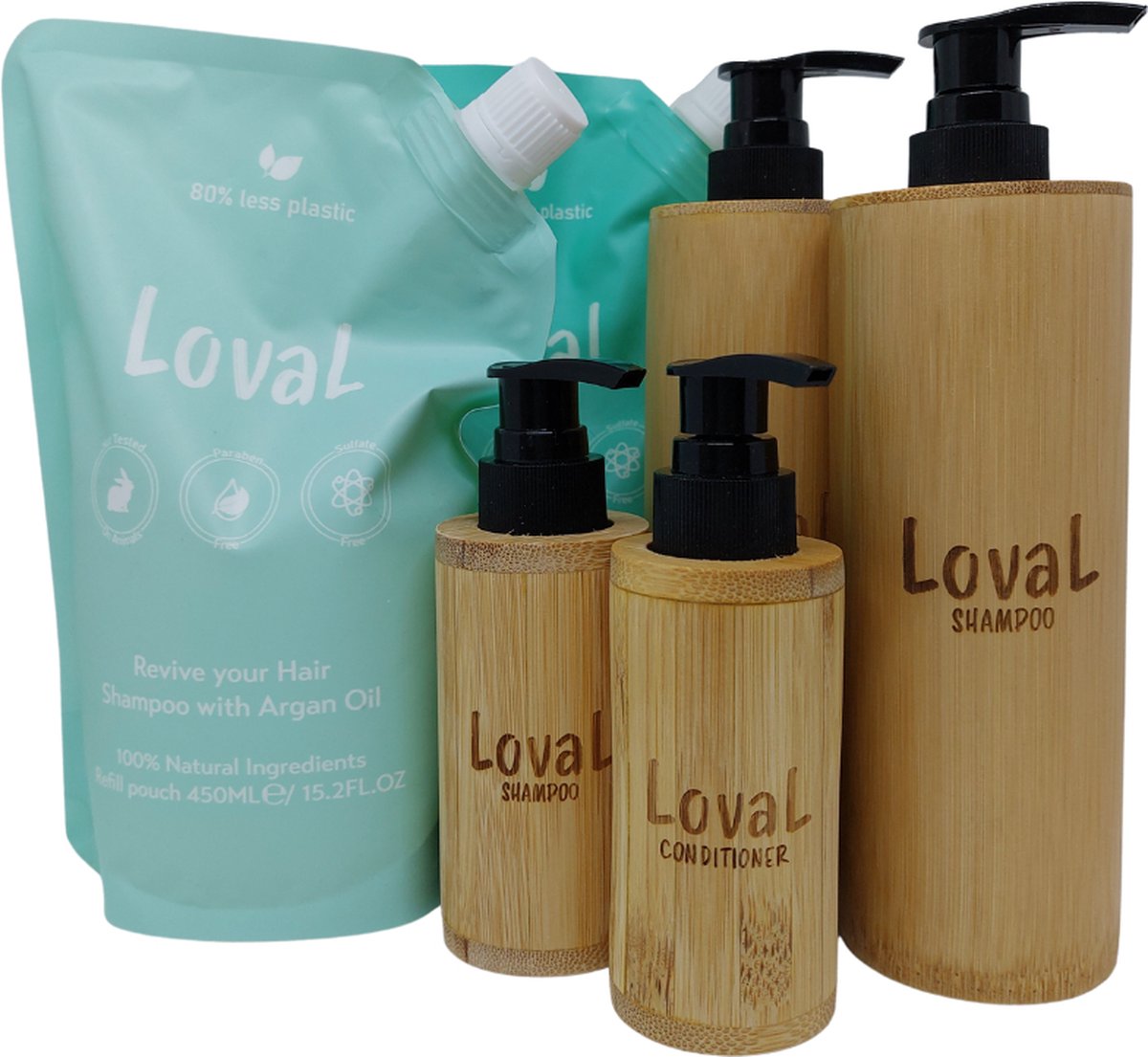 Loval - Luxe Geschenkset - Kerst cadeau voor haar / hem - Organische shampoo en conditioner met argan olie - 2 Navulzakken 450ML - Zonder sulfaten, parabenen, siliconen en minerale olieën - 2 hervulbare bamboo dispensers 200ML - 2 reisflesjes 50 ML