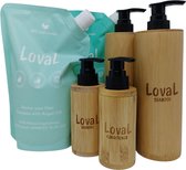 OP=OP - Loval - Luxe Geschenkset - Organische shampoo en conditioner met argan olie - 2 Navulzakken 450ML - Zonder sulfaten, parabenen, siliconen en minerale olieën - 2 hervulbare bamboo dispensers 200ML - 2 reisflesjes 50 ML