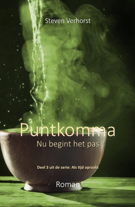Boekomslag van 'Puntkomma' door Steven Verhorst, met een houten kom en groene nevel. 'Nu begint het pas'.