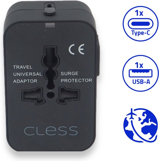 Cless- Universele Wereldstekker USB-C Poort - Incl. opbergtas - Internationale Reisstekker voor 150+ landen - Engeland (UK) - Amerika (USA) - Australië - Azië - Zuid Amerika - Afrika - Reisadapter  - Oplader – Zwart - Cless