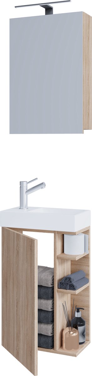 VCM 3-delige badkamermeubelset Gastentoilet Wastafel Kleine Smalle Lumia Spiegelkast