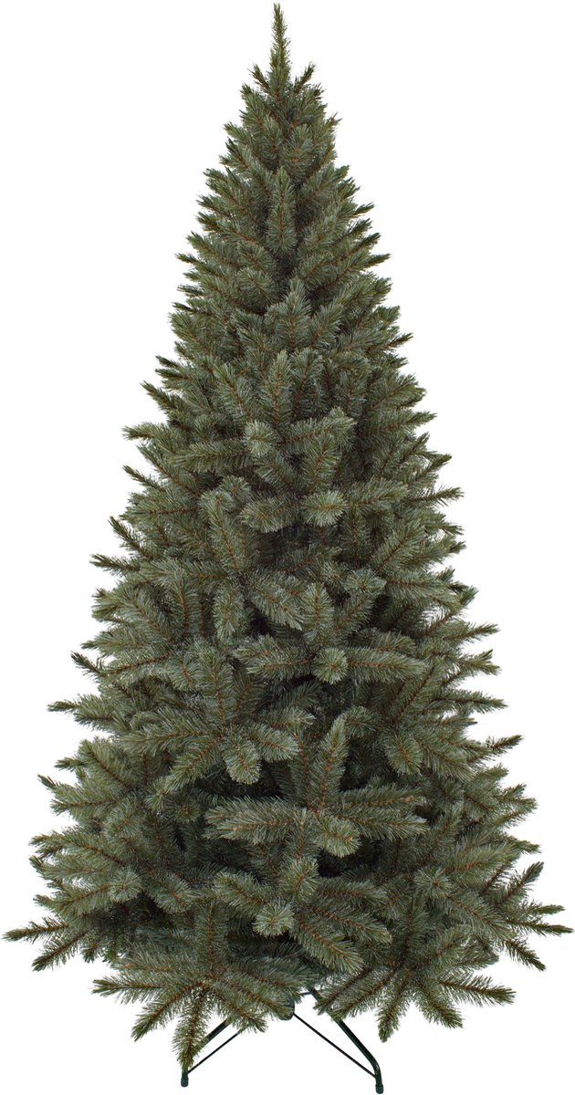 Moderne, slanke blauwe kunstkerstboom van 215 cm hoog met een frosted effect, perfect voor de feestdagen.