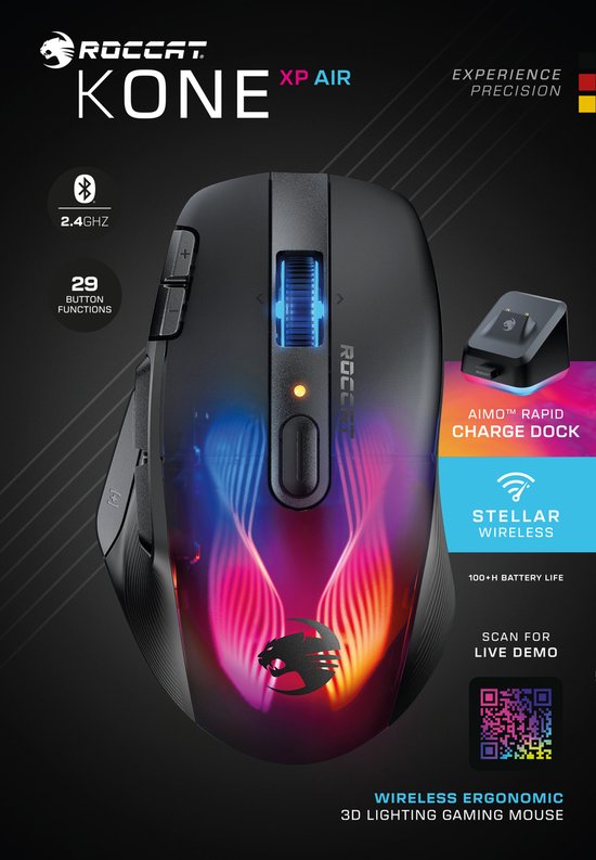 Roccat Kone XP Air – Souris Gaming sans-fil, Capteur Optique 19K DPI, 100h  d’autonomie, Station de charge RGB, éclairage AIMO RGB, Noir