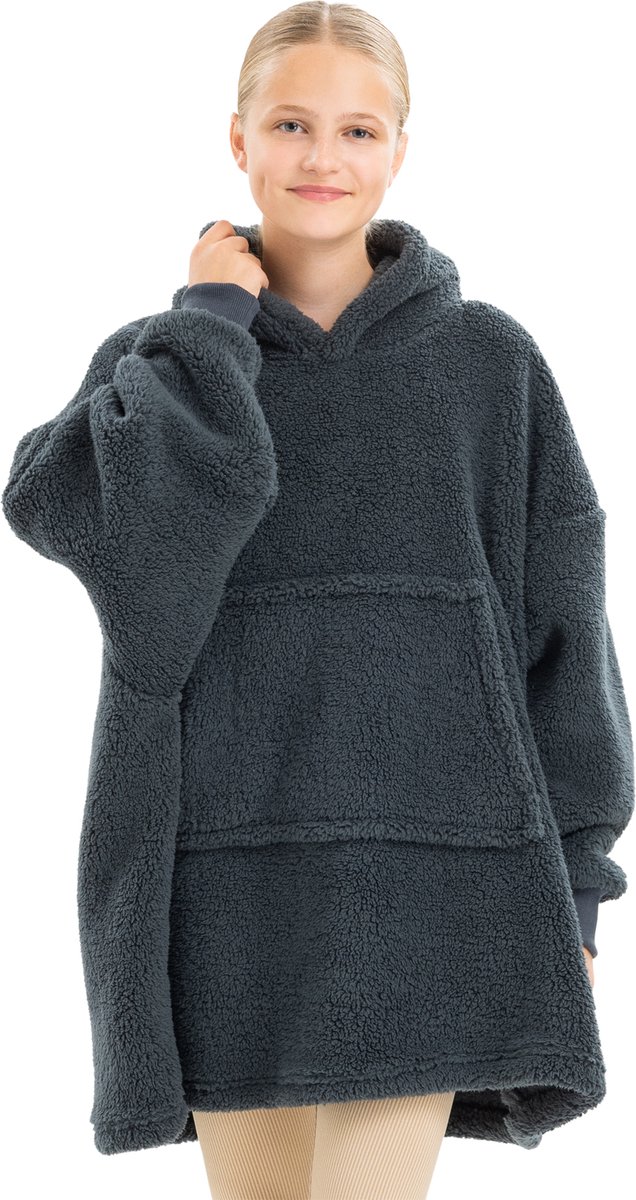 HOMELEVEL oversized fleece hoodie kinderen - Grote, zachte fleecetrui om in te relaxen - Voor jongens en meisjes - Zwart - Maat XL