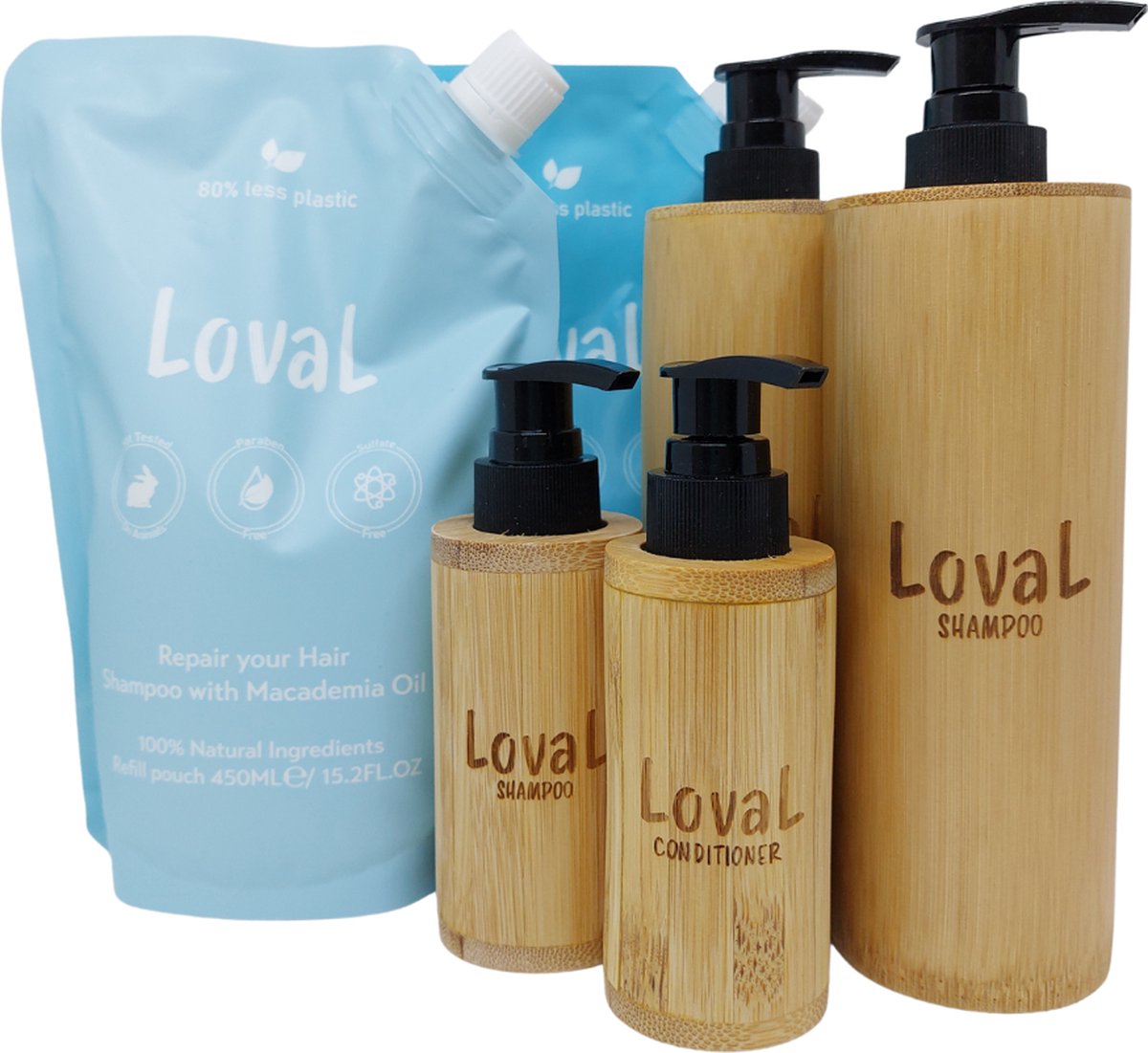 OP=OP - Loval - Luxe Geschenkset - Organische shampoo en conditioner met Macadamia olie - 2 Navulzakken 450ML - Zonder sulfaten, parabenen, siliconen en minerale olieën - 2 Bamboe Dispensers 200ML - 2 Mini Bamboe Dispensers 50ML
