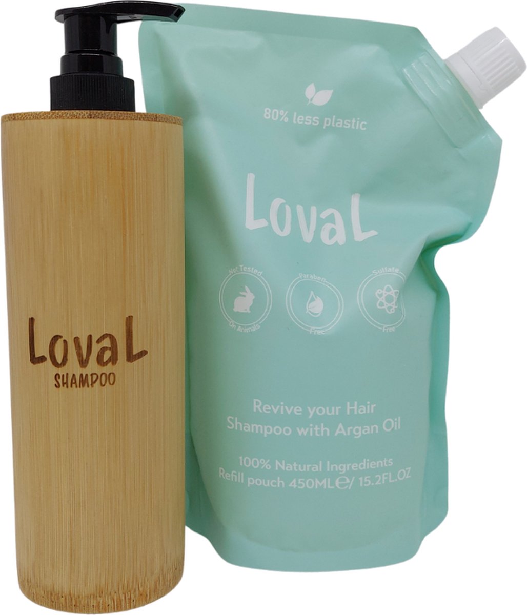Loval - Starterset - Kerst cadeau voor haar / hem - Organische shampoo met argan olie (navulzak 450ML) en Loval hervulbare bamboe dispensers (200ML) - Shampoo en Conditioner zonder sulfaten, parabenen, siliconen en minerale olieën