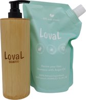 Loval - Starterset - Organische shampoo met argan olie (navulzak 450ML) en Loval hervulbare bamboe dispensers (200ML) - Shampoo en Conditioner zonder sulfaten, parabenen, siliconen en minerale olieën