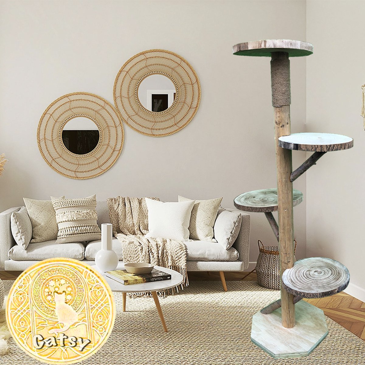 Catsy - Sides 1,60 - Krabpaal Katten Natural Boomstam Klimboom Hout Design - Bruin - 75 x 58 x 160 cm