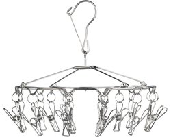 Droogcarrousel met knijpers - Droogrek sokken - Wasrekje - Kaartenhouder - Riemenhanger - Sierradenhouder - Kerstkaartenhouder - Tekeningen ophangen - Babykamer decoratie - Stropdashanger - 16 knijpers - RVS