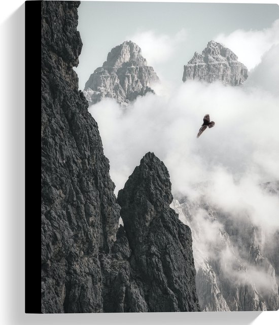 WallClassics - Canvas  - Vogel Vliegend tussen Bergen (zwart/wit) - 30x40 cm Foto op Canvas Schilderij (Wanddecoratie op Canvas)