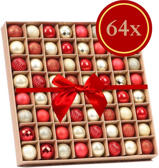 Kerstballen set 64 stuks rood en goud mix glitter mat glans
