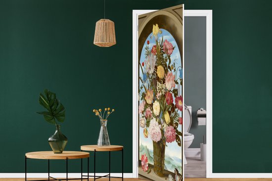 Deursticker Vaas met bloemen in een venster - Schilderij van Ambrosius Bosschaert de Oude - 90x215 cm - Deurposter