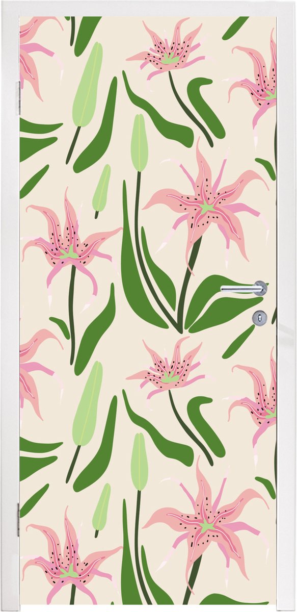 Deurposter 85x215 cm - Deursticker Bloem - Roze - Blad - Meubelfolie zelfklevend - Deurfol