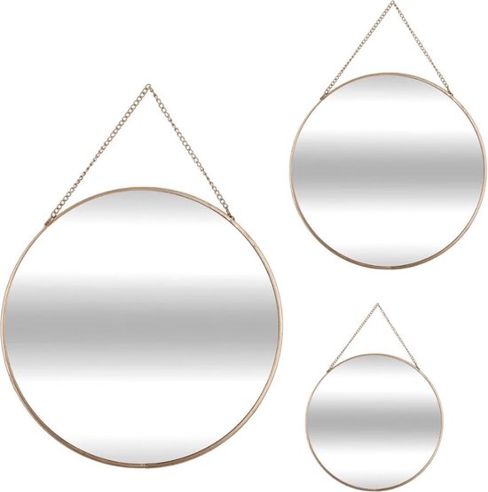 ACDECO Set de 3 miroirs avec chaîne ronde en métal - Or - Ø 26 cm