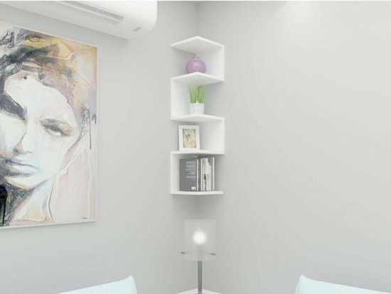 WOLTU RG9313ws2 Hoekplank, wandrek, zigzag plank, hoekboekenkast, 5 niveaus, wit rek, voor woonkamer, keuken, slaapkamer, MDF