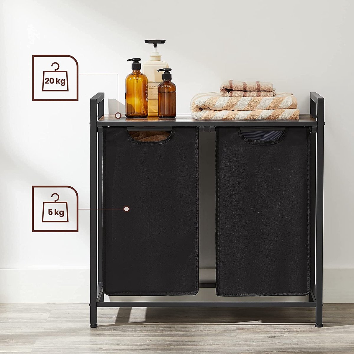 Dubbele wasmand, voor badkamer, 90 L, zwart