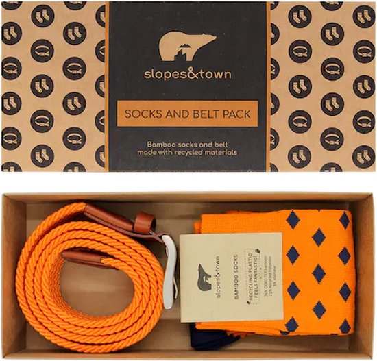 Slopes&Town - Oranje geschenkdoos Recycled Belt Dirk en bamboe sokken (42-46) - geschenkdoos sokken heren - giftbox sokken heren - sokken - riem