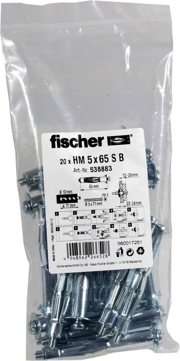 Fischer 5x65 S B Hollewandplug 71 mm 538883 20 stuk(s) - Fischer