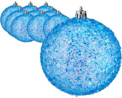 Krist+ kerstballen - 12x st - helder blauw glitter - kunststof - 8 cm - feestelijk - eenvoudig ophangen