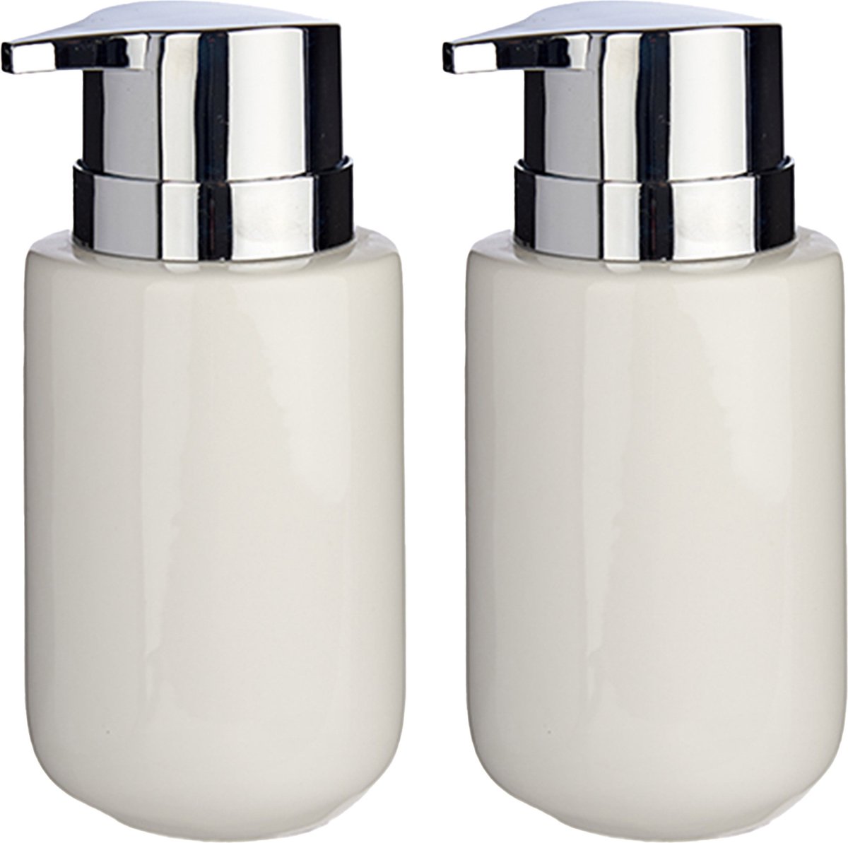 Berilo zeeppompje/dispenser - 2x - keramiek - wit/zilver - 350 ml - toilet/badkamer/keuken - lotionpompje