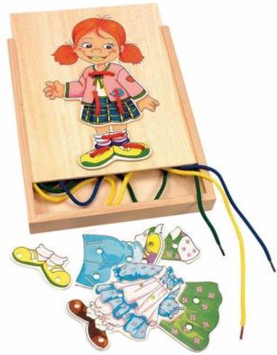 Afbeelding van het spel Aankleed meisje - Hout - Kledingsetjes - Leerzaam - Educatief - Creatief - Fijne motoriek - Woody - Dress up girl - Kinderen - Aankleden - Houten pop - Rijgen - Veter - Puzzel - Wardrobe - Stringing wardrobe - Cadeau