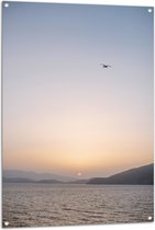 WallClassics - Tuinposter – Vogel boven de Zee met Bergen bij Maan - 80x120 cm Foto op Tuinposter  (wanddecoratie voor buiten en binnen)