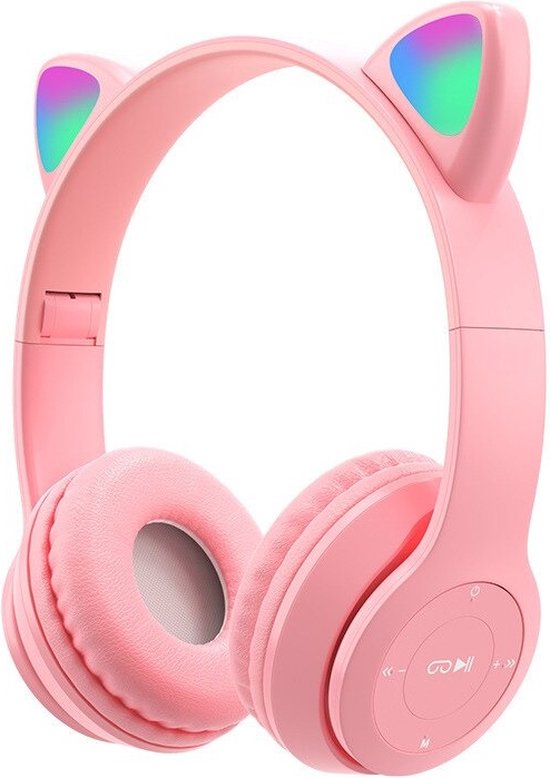 Kinder Hoofdtelefoon-Draadloze Koptelefoon-Kinder Headset-On Ear-Bluetooth-Microfoon-Katten Oorjtes-Led Verlichting-Licht Roze