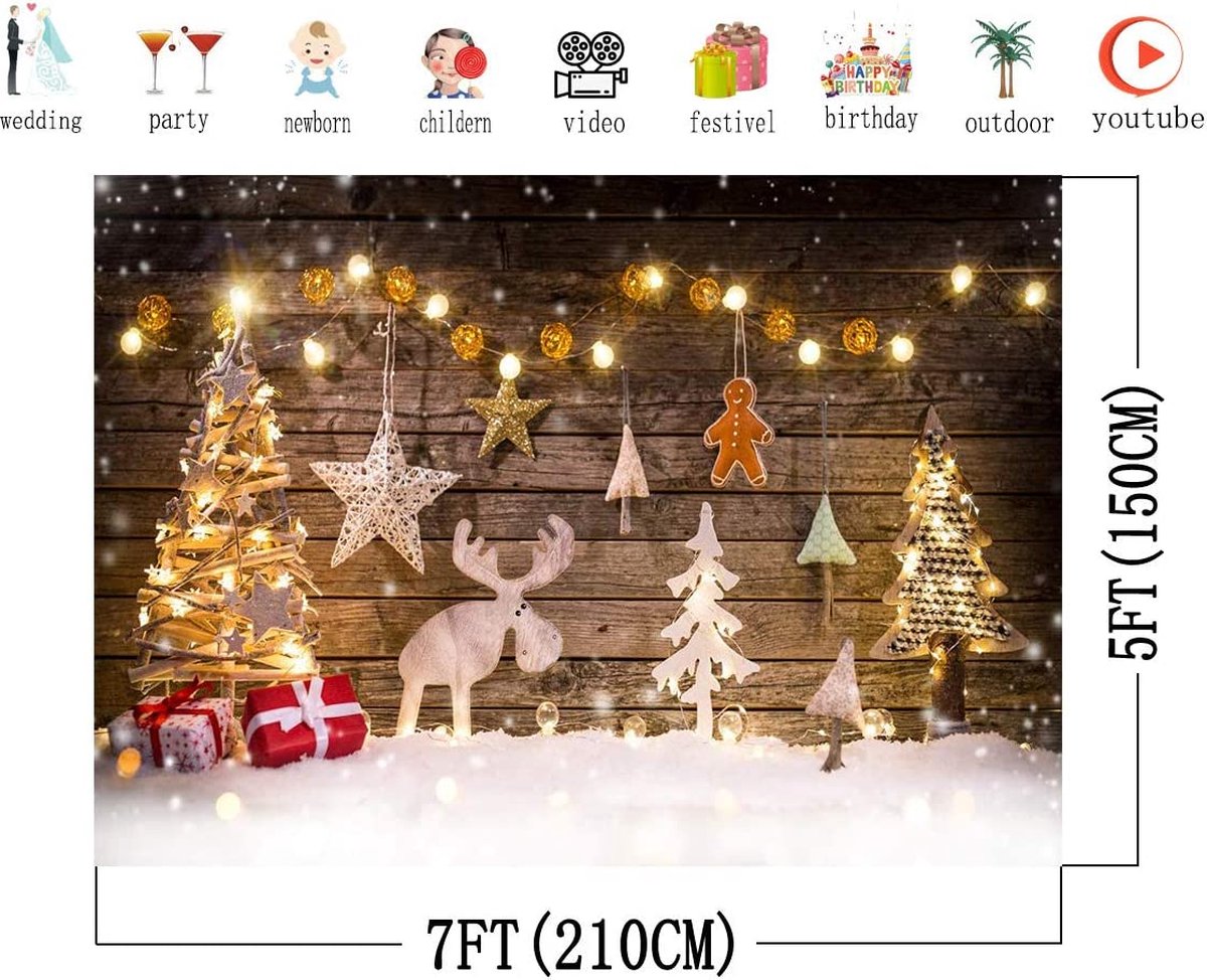 ASDCXZ Fond De Photo De Noël 3.6x2.5 M, Arbre De Noël Bonhomme De Neige Cerf Fond De Mur De Photo Décoratif, Fond De Dîner Vinyle Tissu Décorations De Fête De Famille Photographie