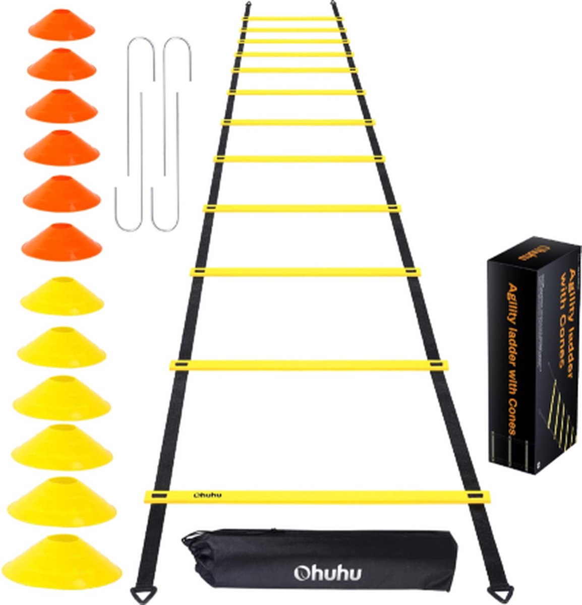 Flightmode - Ohuhu Beweegbare ladder, 12 snelwerkscheutsen met 12 veldkegels en 4 haringen, voetbal-werkuitrusting voor voetbal en voetbal