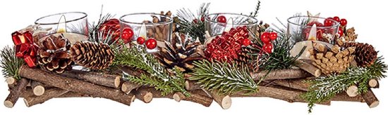 Kerst thema kaarsenhouder ornament red/green nature 40 x 16 x 8 cm - Voor 4x kaarsjes - Tafel decoratie