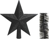 Kerstversiering kunststof glitter ster piek 19 cm en folieslingers pakket zwart van 3x stuks - Kerstboomversiering
