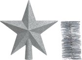 Kerstversiering kunststof glitter ster piek 19 cm en glitter folieslingers pakket zilver van 3x stuks - Kerstboomversiering