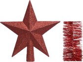 Kerstversiering kunststof glitter ster piek 19 cm en glitter folieslingers pakket rood van 3x stuks - Kerstboomversiering