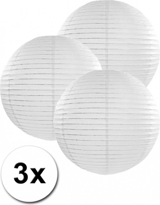 Drie ronde, witte papieren lampionnen van 25 cm met horizontale lijnen. Een cirkel met '3x' is zichtbaar.