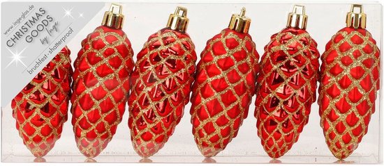 6x stuks kunststof kersthangers dennenappels rood 9 cm kerstornamenten - Kunststof ornamenten kerstversiering