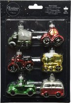 6x stuks glazen kersthangers voertuigen thema 4,9 cm kerstornamenten - Kerstversiering ornamenten/kerstboomversiering