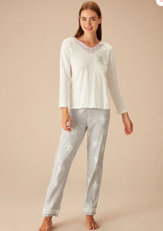 Suwen- Dames Pyjama Set -Homewear - Satijn -Grijs/Wit Maat 3XL