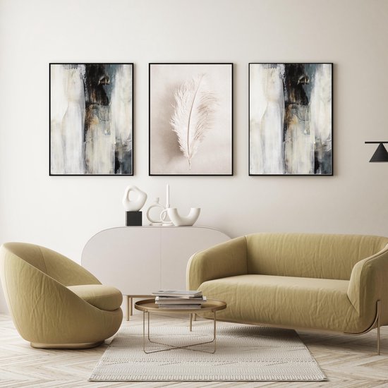 Modern Poster Set van 3 stuks 60x90cm (zonder frame) - Kunst aan de Muur - Wanddecoratie - Wall Art - Abstract Veer - Wall Art