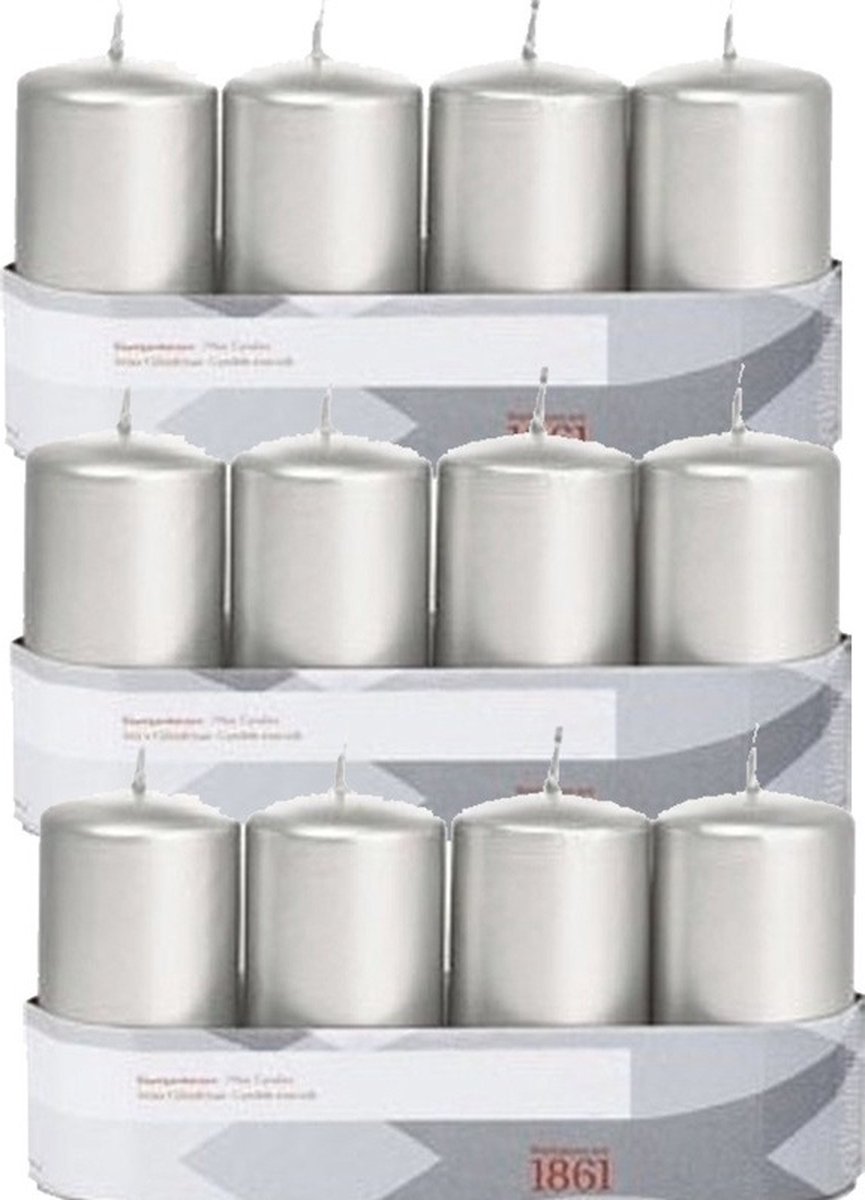 Trend Candles 12x cilinderkaarsen - 18 branduren - geurloos - zilverkleurig - stompkaarsen