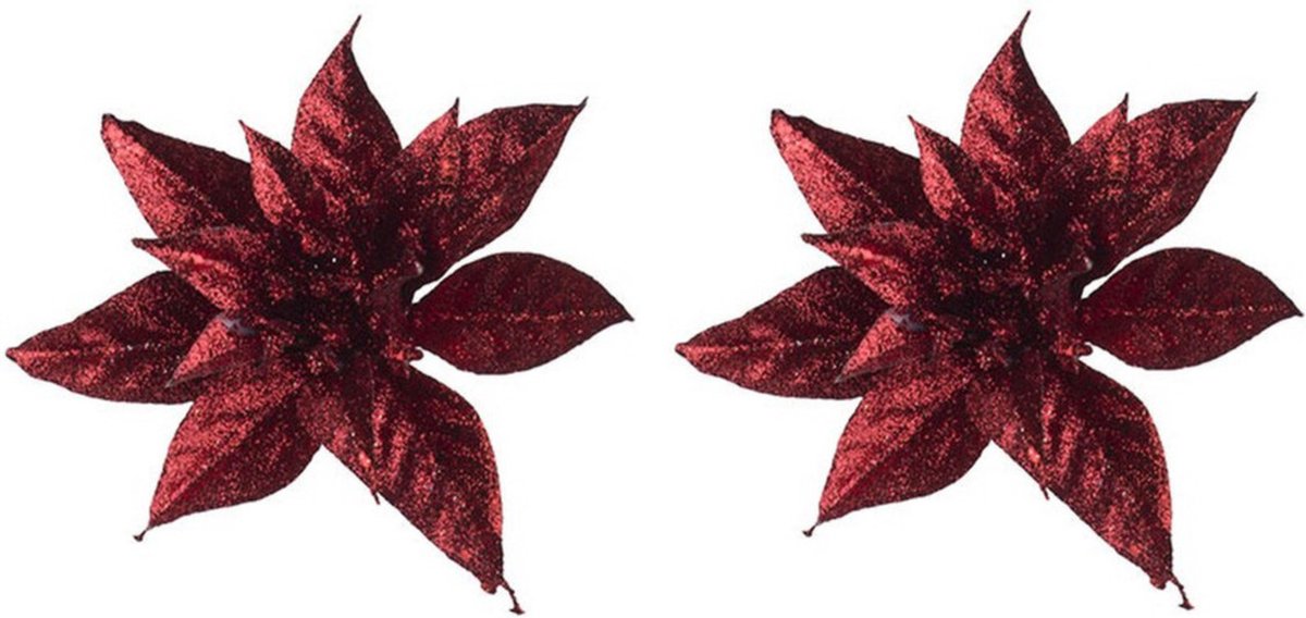 2x Kerstboomversiering op clip bordeaux/donkerrode glitter bloemen 8 cm- kerstboom decoratie - Donkerrode kerstversieringen