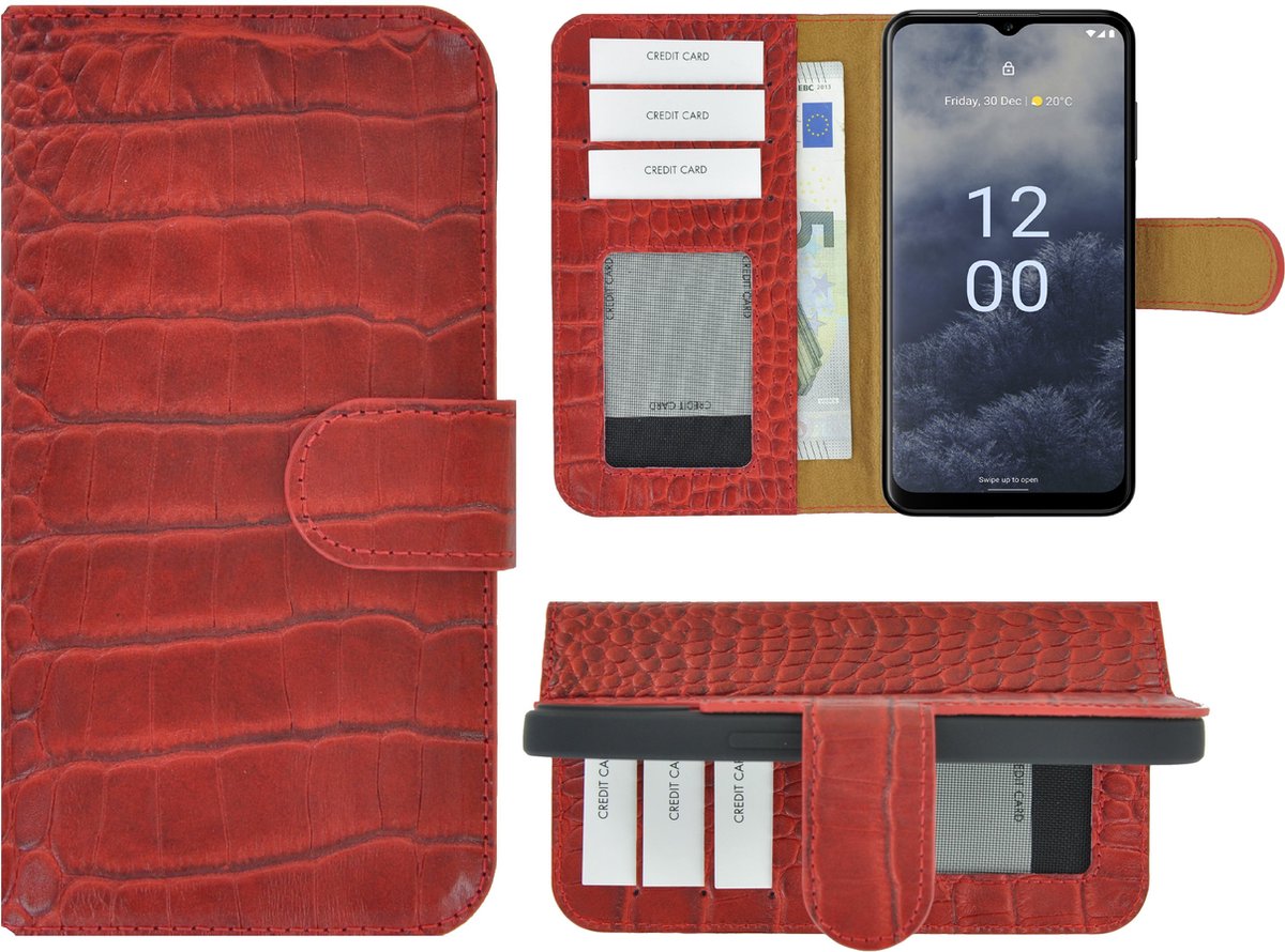 MoDo hoesje Geschikt voor Nokia G60 - Echt Leer Book Case - Croco Rood