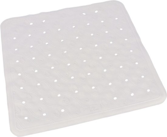 Witte vierkante antislip douchemat met waterrimpels en kleine gaatjes.