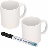 6x tasses à boire en céramique blanche avec un marqueur en porcelaine noire - Faites vos eigen tasses