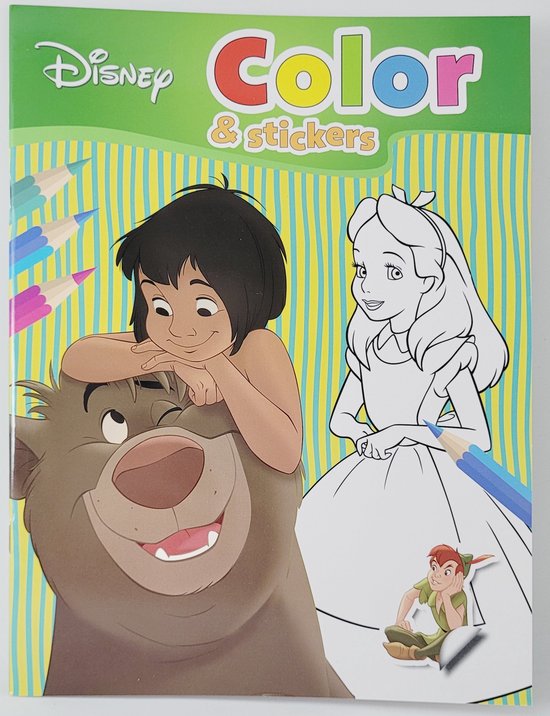 DISNEY KLEURBOEK MET 32 KLEURPLATEN EN 2 STICKERVELLEN - JUNGLE BOOK - PETER PAN - LADY EN DE VAGEBOND - VAIANA