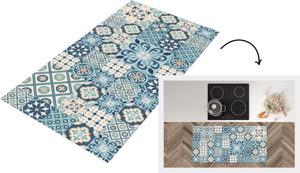 KitchenYeah Keukenloper - Loper keuken - Bloemen - Blauw - Design - Tegel - 120x60 cm - Keukenloper vinyl Multicolor