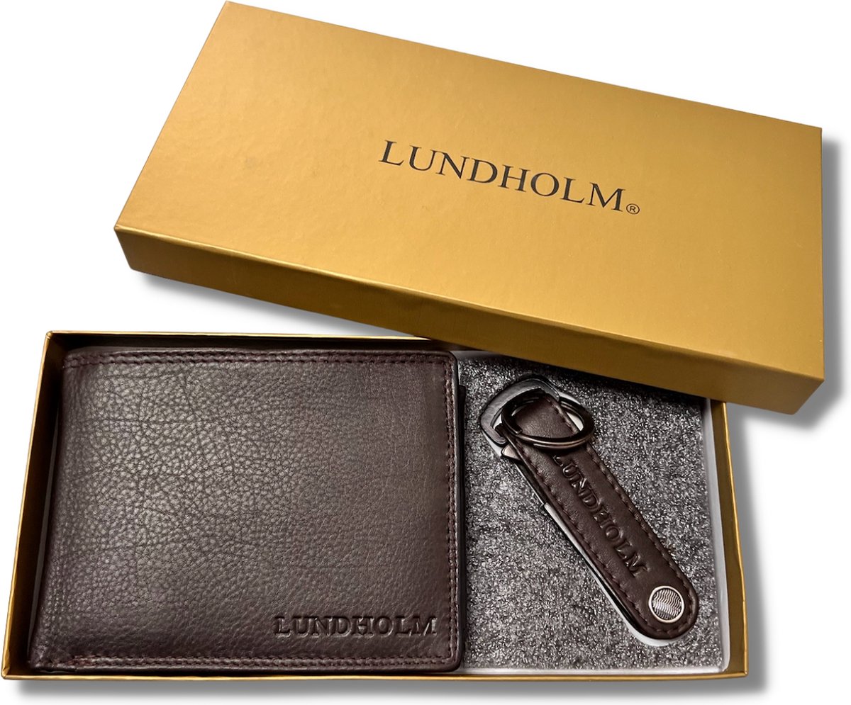 Lundholm leren portemonnee heren RFID bruin en bieropener sleutelhanger opener van leer - matchende giftset in luxe cadeau verpakking - cadeau voor man flesopener mannen cadeautjes