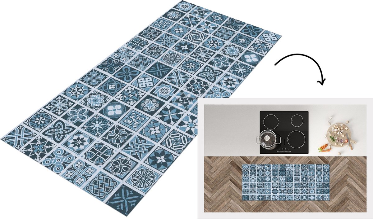 KitchenYeah Keukenloper - Loper keuken - Bloemen - Blauw - Patronen - Figuren - 120x50 cm - Keukenloper vinyl Multicolor