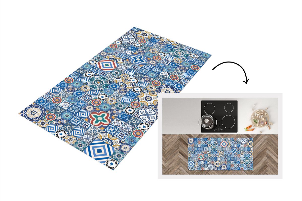 KitchenYeah Keukenloper - Loper keuken - Patronen - Bloemen - Blauw - Vormen - Keukenloper vinyl, foto 2